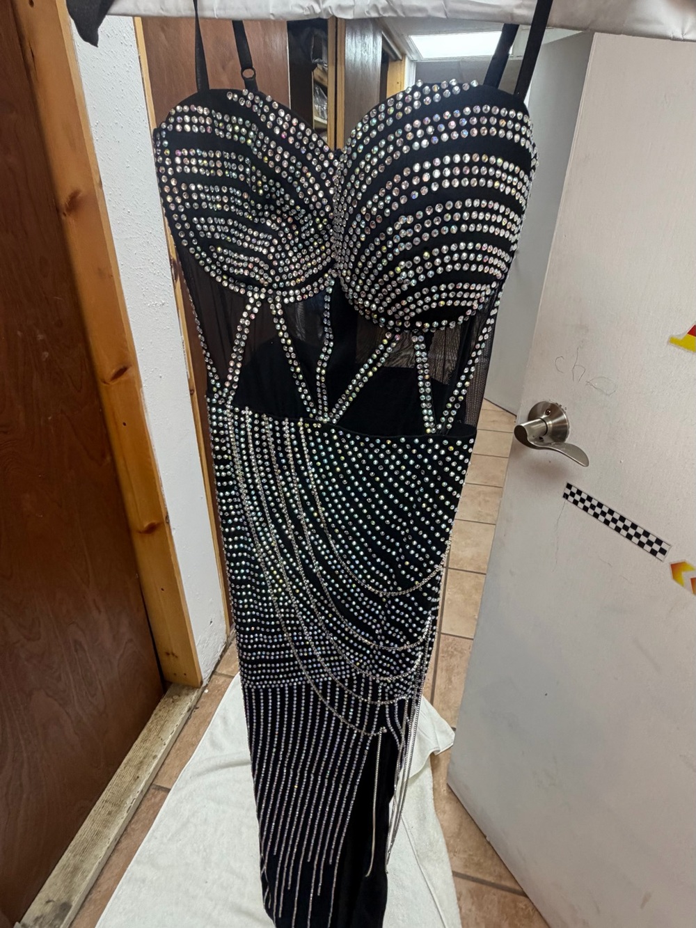 Windsor Black Rhinestone-Embellished Strappy Prom Gown